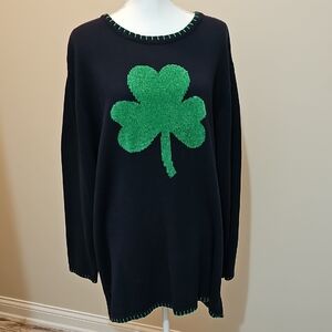 Quacker Factory Black Sweater with Green Shamrock